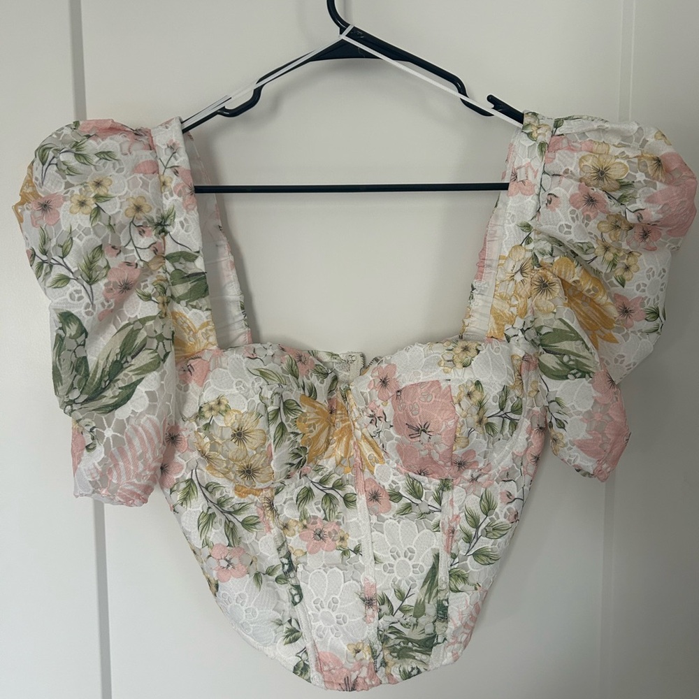 Floral Lace Puff-Sleeve Corset Top - White with Pink & Yellow Floral